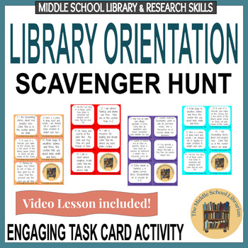 Preview of Back To School Middle School Library Orientation Scavenger Hunt Task Cards