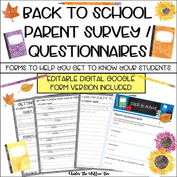 Preview of Back To School -Parent Survey/Questionnaire -Student Information DIGTAL INCLUDED