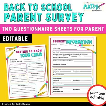 Preview of Back To School Parent Survey/Questionnaire Student Info Editable (Pencil Theme)