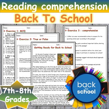 Preview of Back To School Reading comprehension passage and questions 7th-8th grades sheets