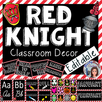 Preview of Red and Black Classroom Decor Medieval Knight Editable