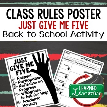 Preview of Back To School Rules & Expectations JUST GIVE ME FIVE Poster & Reflection
