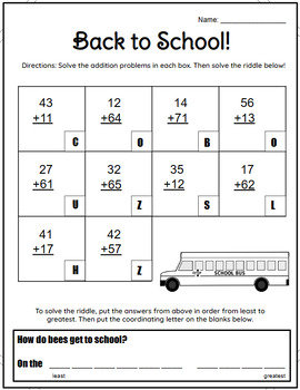 Preview of Back To School Solve the Riddle- 2 digit addition without regrouping worksheet