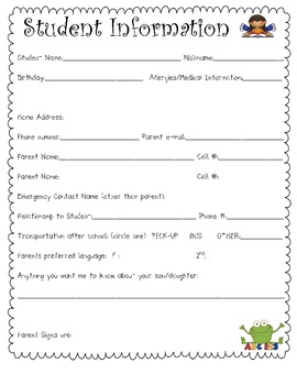Back To School Student Information Form by Tina Lariviere | TpT
