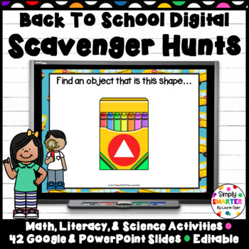 Preview of Back To School Themed Math, Literacy, and Science DIGITAL Scavenger Hunts