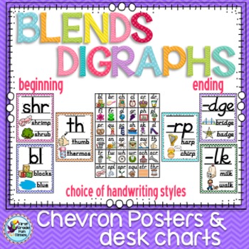 Preview of Blends and Digraphs Classroom Posters with Chevron Theme