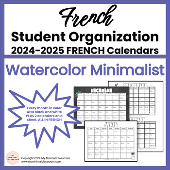 Preview of Back to School 2024-2025 French School Calendars 2024-2025 Minimalist Watercolor