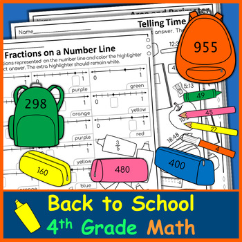 Preview of Back to School 4th Grade Math Coloring Activities