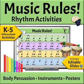 Preview of Back to School Activities Teaching Music Classroom Rules - Orff Rhythm Patterns