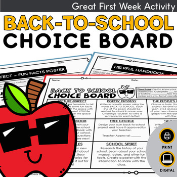 Preview of Back to School Activity Choice Board First Week Independent Work Early Finishers