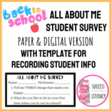 Back to School All About Me Survey & Recording Sheet - Dig