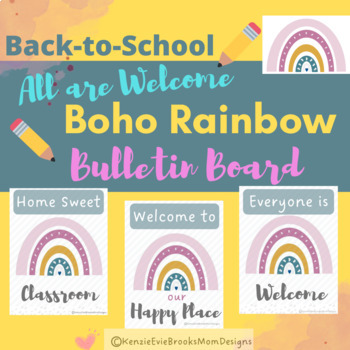 Preview of Back to School All Are Welcome Bulletin Board Posters Boho Rainbow Theme