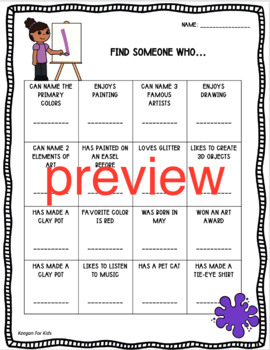 Preview of Back to School Art Class Find Someone Who Icebreaker Activity Worksheet