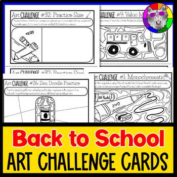 Preview of Back to School Art Lesson Challenge Cards, 40 Drawing Prompts and Art Activities