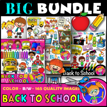 Preview of Back to School BIG BUNDLE. 165 Clipart images. Black and white/ full color.