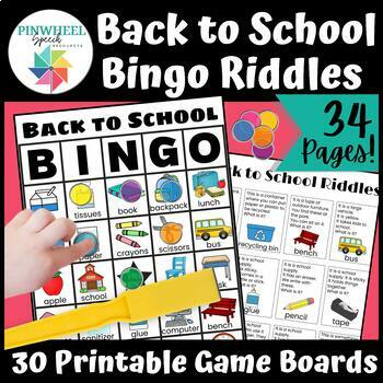 Preview of Back to School BINGO 30 Printable Games Speech Therapy Inferencing Riddles