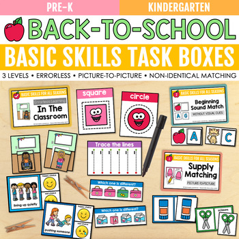 Preview of Back to School Task Boxes (Errorless Learning Included) Special Education + PreK