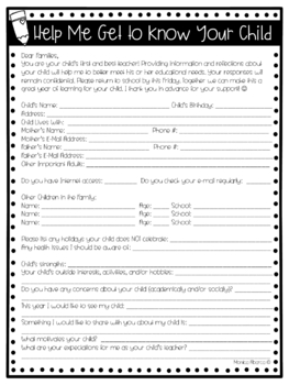 Preview of Back to School - Beginning of the Year Parent Questionnaire