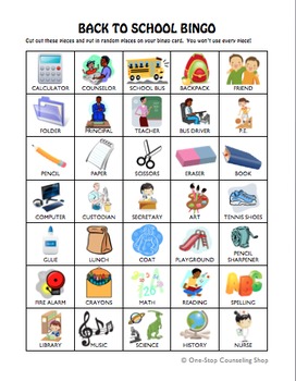 Back to School Bingo Game by One-Stop Counseling Shop | TPT