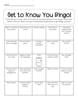 Back to School Bingo - Get to Know You Activity by Mrs Tompkins Classroom