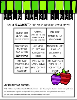 Preview of Back to School Bingo for Open House