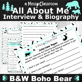 Preview of Back to School Black White Bear All About Me Student Interview Biography Writing