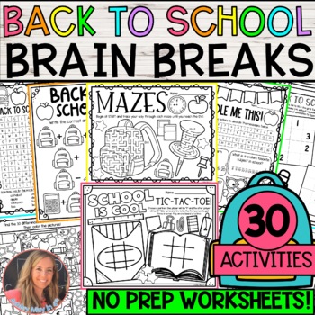 Preview of Back to School Brain Break Activities and NO PREP Worksheets for the First Weeks