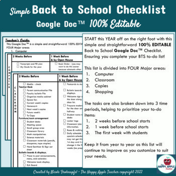Preview of Back to School Checklist To-Do Task List for Elementary Teachers 100% Editable