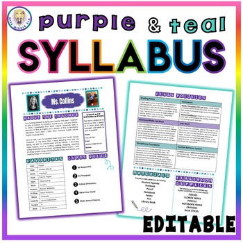 Preview of Back to School Class Syllabus Template - Purple and Teal Theme - EDITABLE!