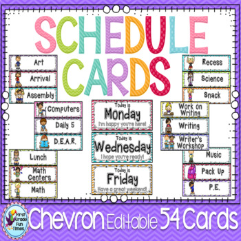 Preview of Schedule Cards ~ Editable ~ with Chevron Classroom Theme