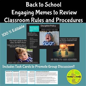 Preview of Back to School Classroom Rules and Procedures Meme PowerPoint & Task Cards