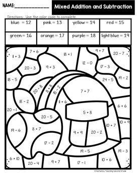 Back to School Color by Code Addition and Subtraction Facts Worksheets ...