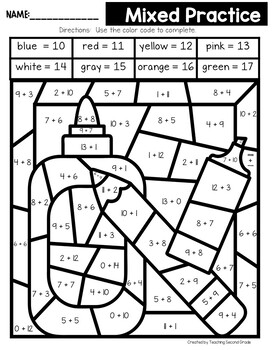 Back to School Color by Number with Addition Facts Worksheets Math Review