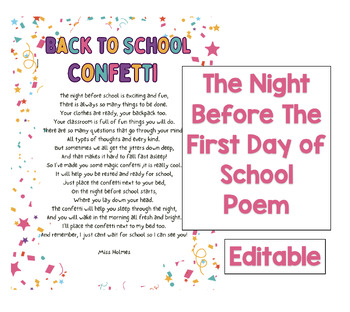 Preview of EDITABLE |Back to School Confetti Letter|Night Before The 1st Day of School Poem