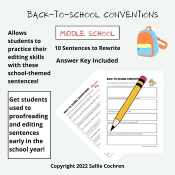 Preview of Back-to-School Conventions Editing Practice for Middle School
