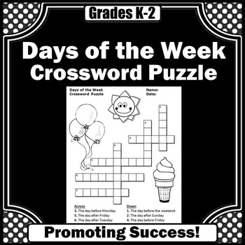 Preview of Days of the Week Vocabulary Crossword Puzzle Worksheets Spelling Practice