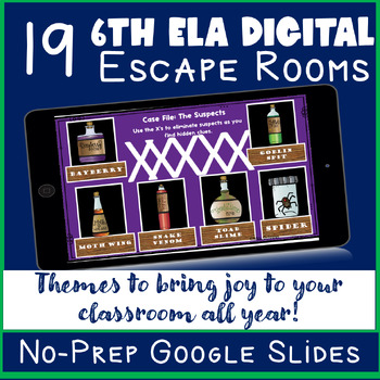 Preview of ELA Digital Escape Rooms: 6th Grade ELA & Critical Thinking ALL YEAR BUNDLE