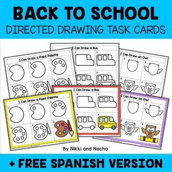 Preview of Back to School Directed Drawing Task Card Activities + FREE Spanish