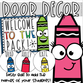 Preview of Back to School Door Decorations Bulletin Board Display Crayon Theme EDITABLE