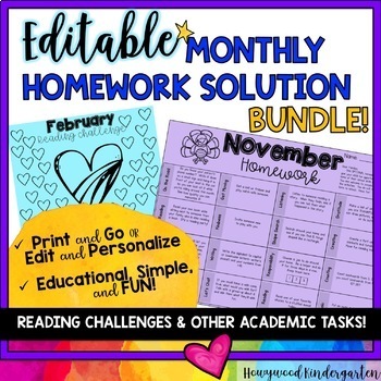 Preview of Back to School EDITABLE Monthly Homework BUNDLE! Reading & more!