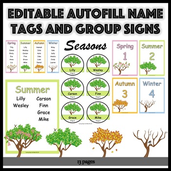 Preview of Back to School Editable Autofill Seasons Name Tags and Group Signs