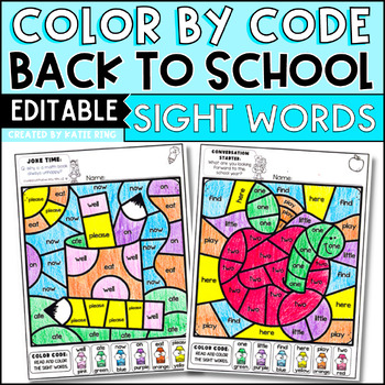 Preview of Back to School Editable Color by Code Sight Word Practice Worksheets