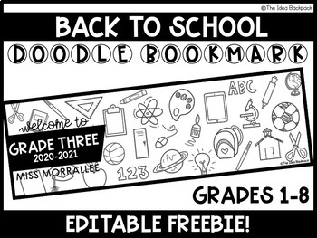 Preview of Back to School FREEBIE - Editable DOODLE BOOKMARK - GRADES 1-8