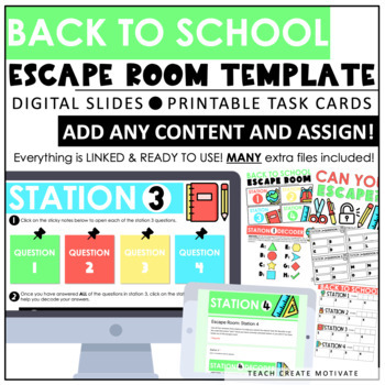 Preview of Back to School Escape Room Template - Digital Slides - Printable Task Cards