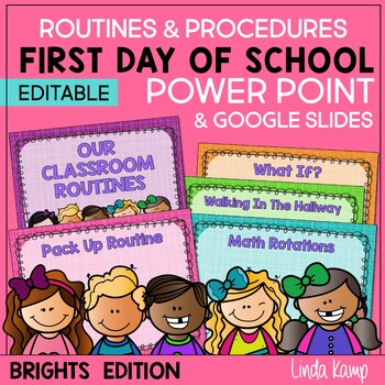 Preview of Routines & Procedures PowerPoint for First Day of School + Google Slides|BRIGHT