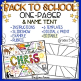 Back to School First Week One Pager Activity and Name Tag / Tent