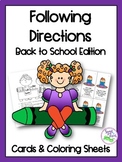Back to School Following Directions Cards/Coloring Sheets