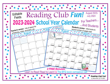 Preview of Calendar School Year 2023 - 2024 (Editable) – FREE – Track Reading & Assignments