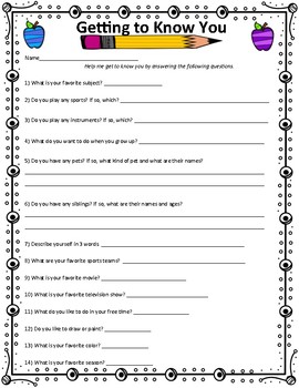 Back to School: Getting to Know You Questionnaire | TpT