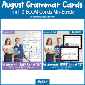 Preview of Back to School Grammar Print Task Cards and BOOM Cards BUNDLE